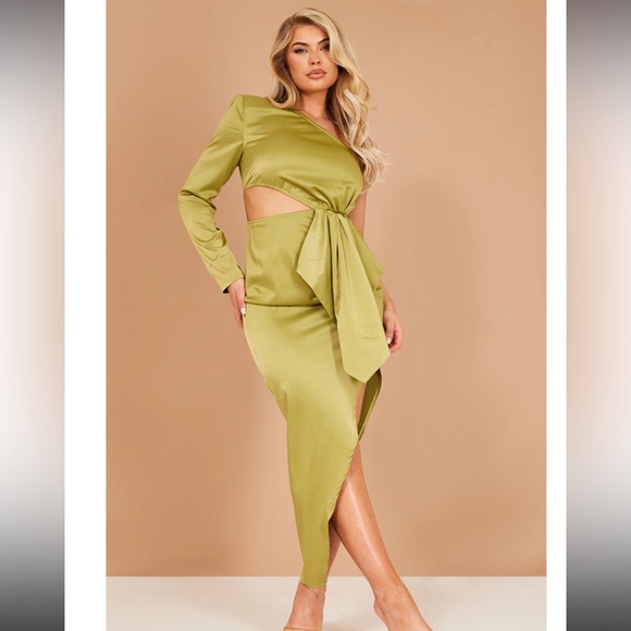 Olive Satin One Shoulder Drape Detail Asymmetric Hem Midi Dress - Picture 1 of 1